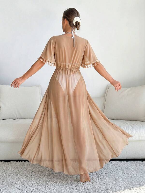 Saída De Praia Vestido Longo Transparente Com Franjas