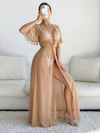 Saída De Praia Vestido Longo Transparente Com Franjas