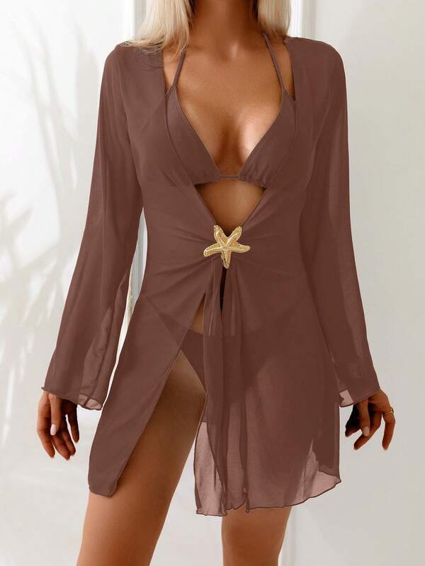 Saída De Praia Vestido Curto Transparente Manga Longa